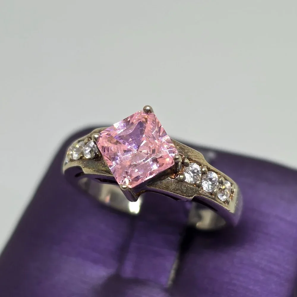 Vintage Sterling Silver Ring with Princess Cut Pink Solitaire Cubic Zirconia
